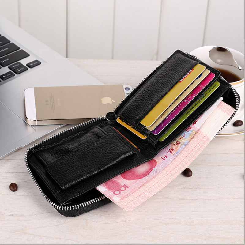 Picture of 9039 Short Wallet Men's Genuine Leather Wallet Crazy Horse Leather 80% off Wallet Card Holder Black Zipper Coin Wallet