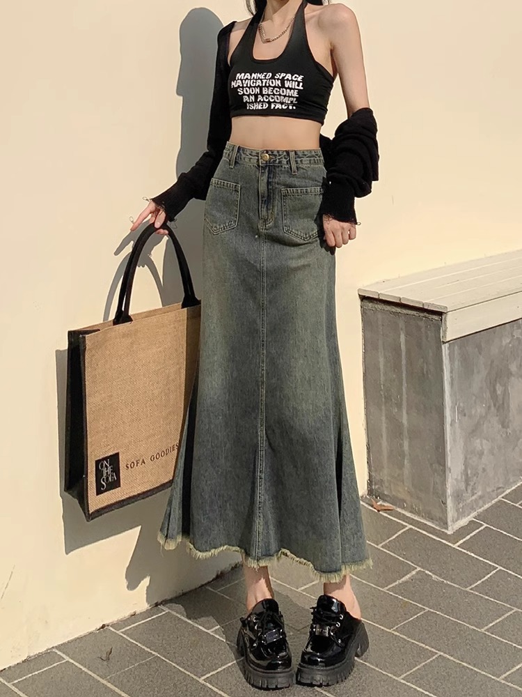 Cement Ash Rust Denim Skirt Women's Autumn and Winter 2024 New High Waist Small A- Line Fishtail Hip Skirt