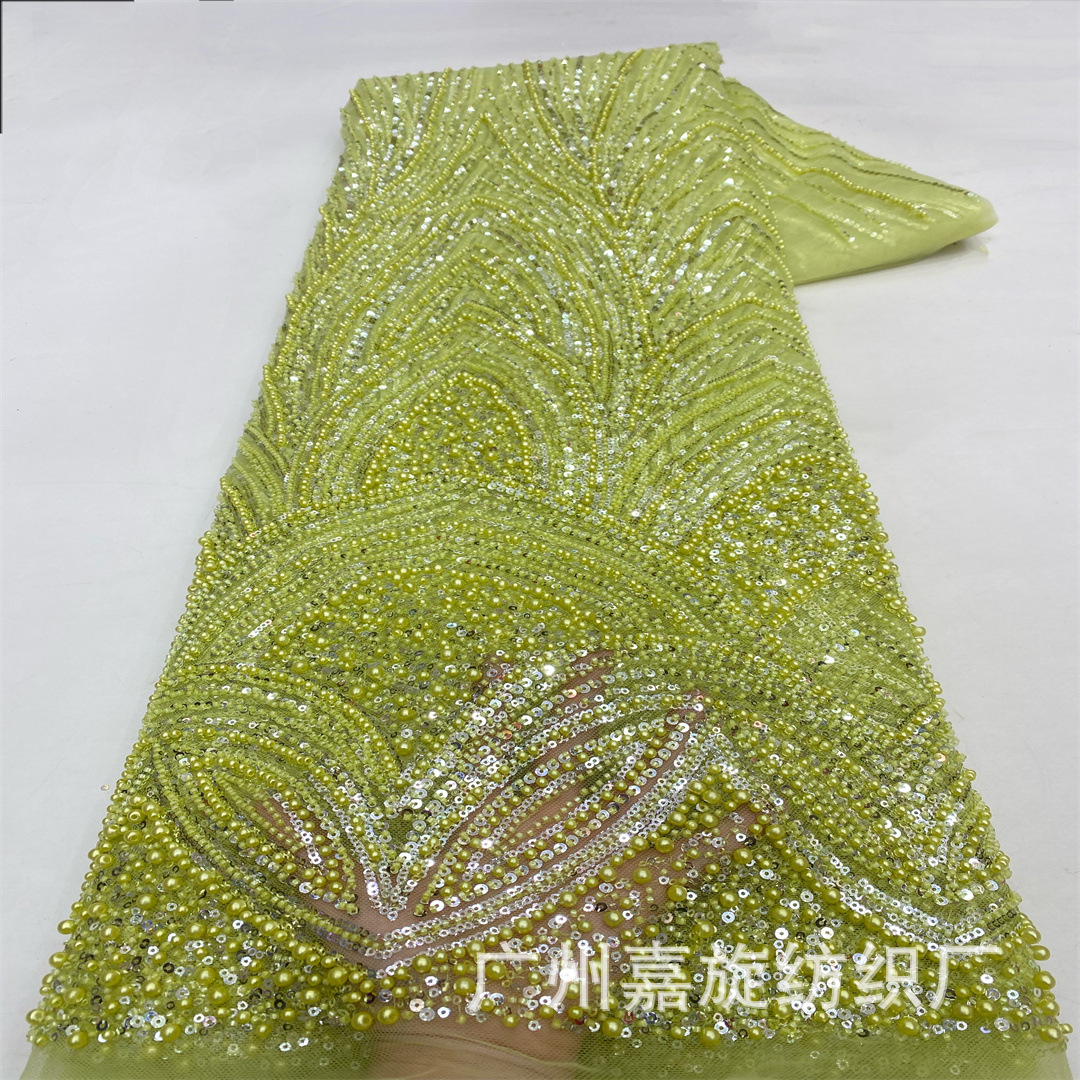 Eco-Friendly Dyed Sequin Bead Tube Embroidery Mesh Fabric Cross-Striped Wedding Dress Stage Costume Heavy Bead Embroidery Fabric
