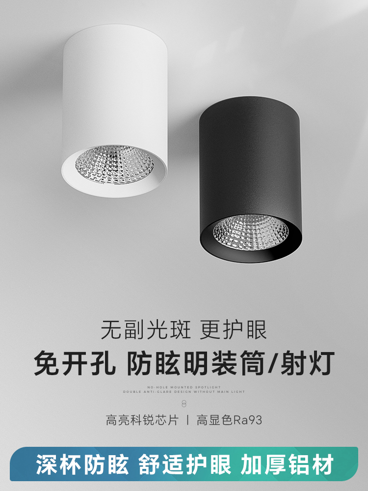 Round COB Exposed Spotlight, LED Anti-Glare Downlight, Hole-free Ceiling Barrel Light, Minimalist Living Room No Main Light