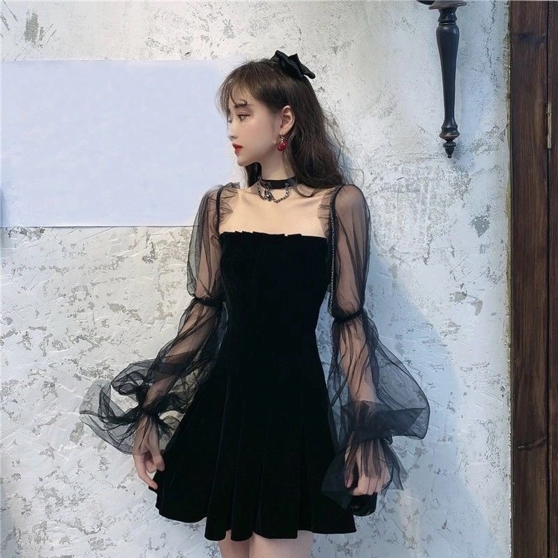 2023 Spring and Summer New Elegant Mesh Puff Sleeve Black Skirt Shoulder Waist Tight Puff Dress Women's Clothing