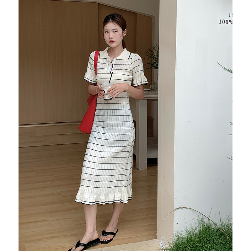 French-Style Elegant Knitted Striped Color-Block Waist-Cinching Dress 2025 Summer New Fashion Short-Sleeve Slimming Slip Dress