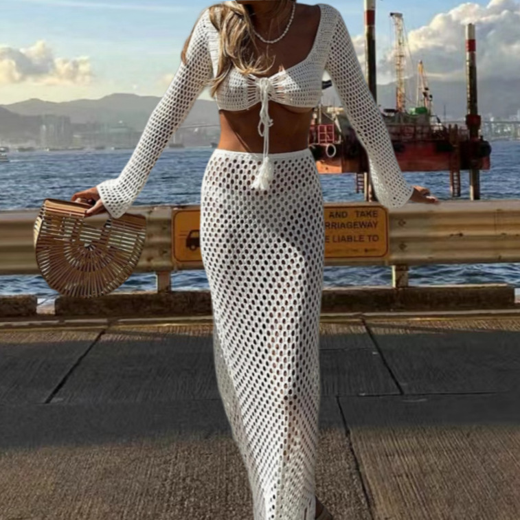 2024 European and American cross-border women's clothing summer New navel bikini vacation sexy perspective hollow sweater skirt