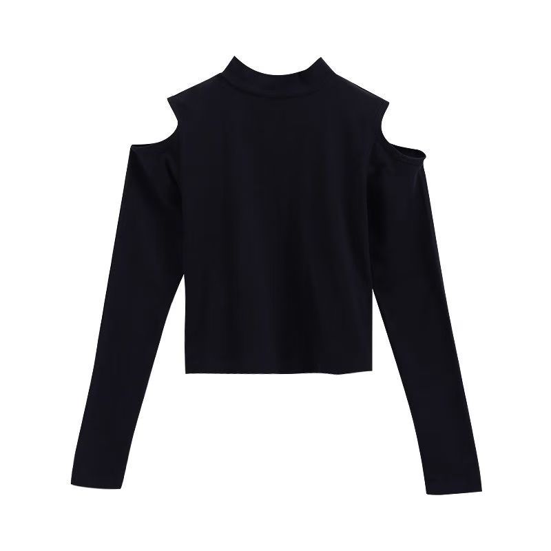 Picture of Shoulder Top Women's Long-sleeved Black New Arrival Navel Wear Autumn and Winter Semi-high Collar Base Shirt Women's Tight T-shirt Fashionable Cotton T-shirt