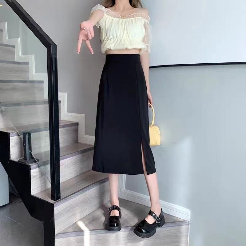 High waist split one-step skirt women's spring/summer 2023 new black slimming A- line skirt hip skirt mid-length skirt