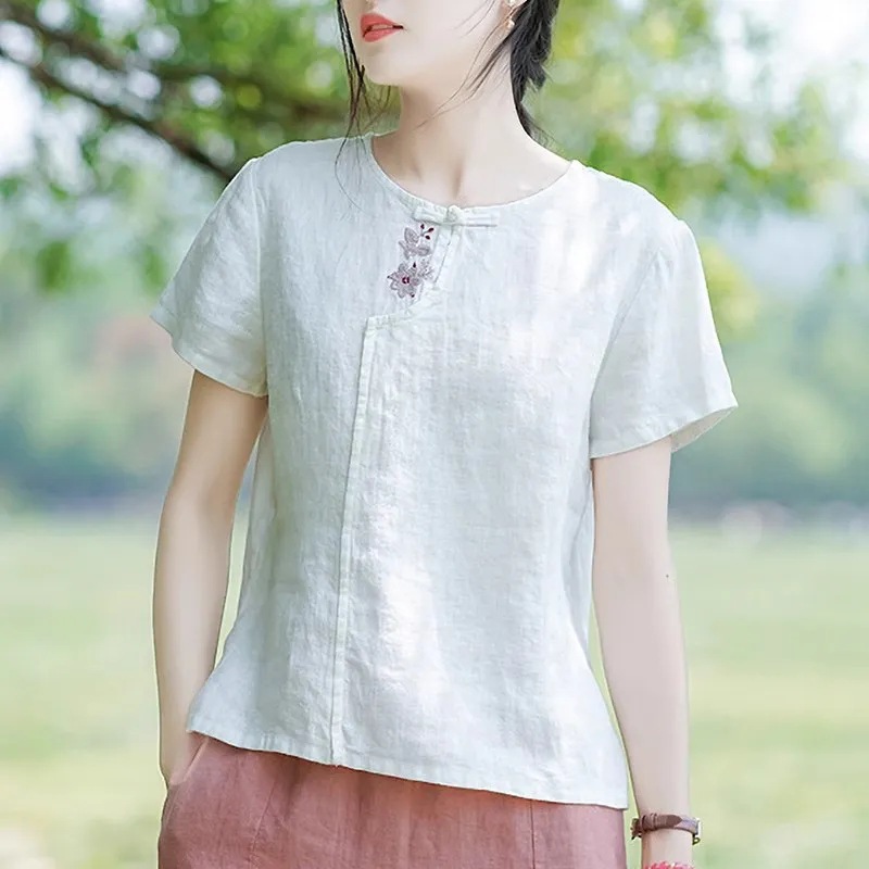 Women's clothing 2024 new summer cotton and linen Chinese style retro short-sleeved T-shirt casual plus size loose short shirt
