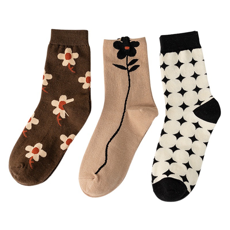 Socks Women's brown Small Flower Mid-Socks Pure Cotton Japanese Style Ins Warm Color Spring and Autumn Socks Casual Home Fashionable Socks
