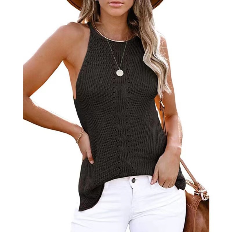 Picture of 2023 Shiying European and American Women's Spring and Summer Sleeveless Beach Clothes Solid Color Neck-Hanging Knitted Loose Neck Vest