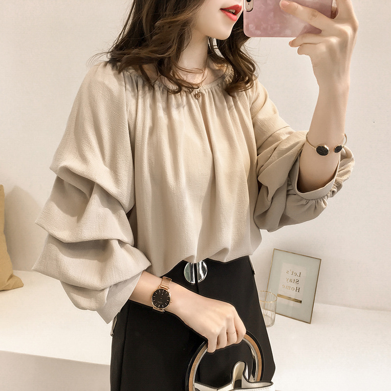 Picture of 2024 Spring and Autumn New Korean Style Elegant Off-Shoulder Chiffon Blouse for Women, Loose Bubble Top, Slimming Solid Color Trend