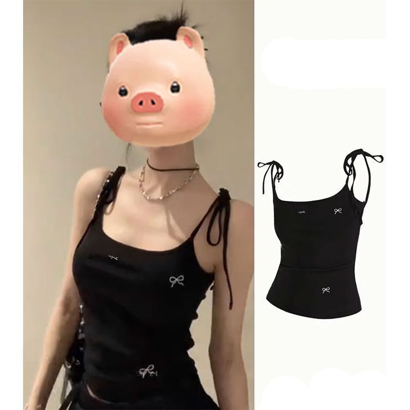 American Style Hot Girl Sexy Top Women's Bow Tie Printed Camisole Vest Hanging Neck Hollow Beautiful Back Casual Slim-fit