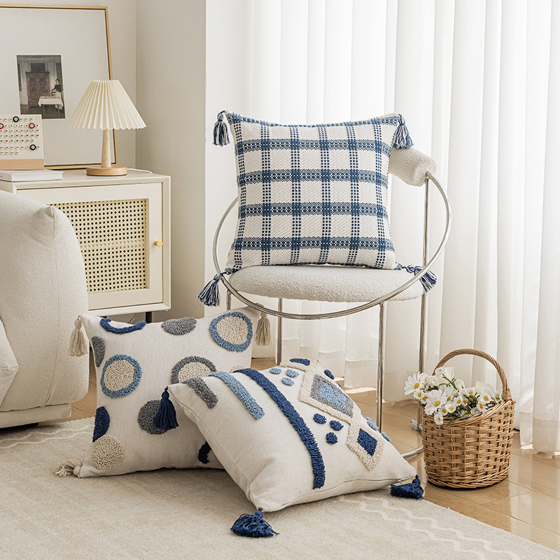 Ins style blue living room sofa bedside multi-use household car striped wave dot tassel pillow cushion wholesale