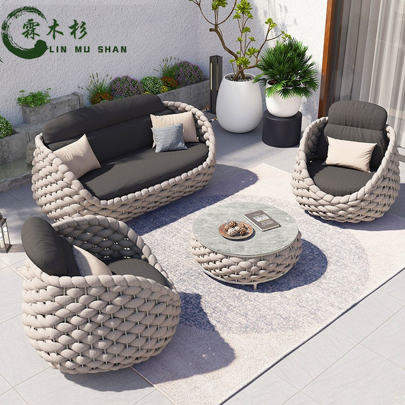 Scandinavian Outdoor Leisure Sofa Waterproof Sunscreen Rattan High-end Homestay House Courtyard Garden Sofa Combination Table and Chair