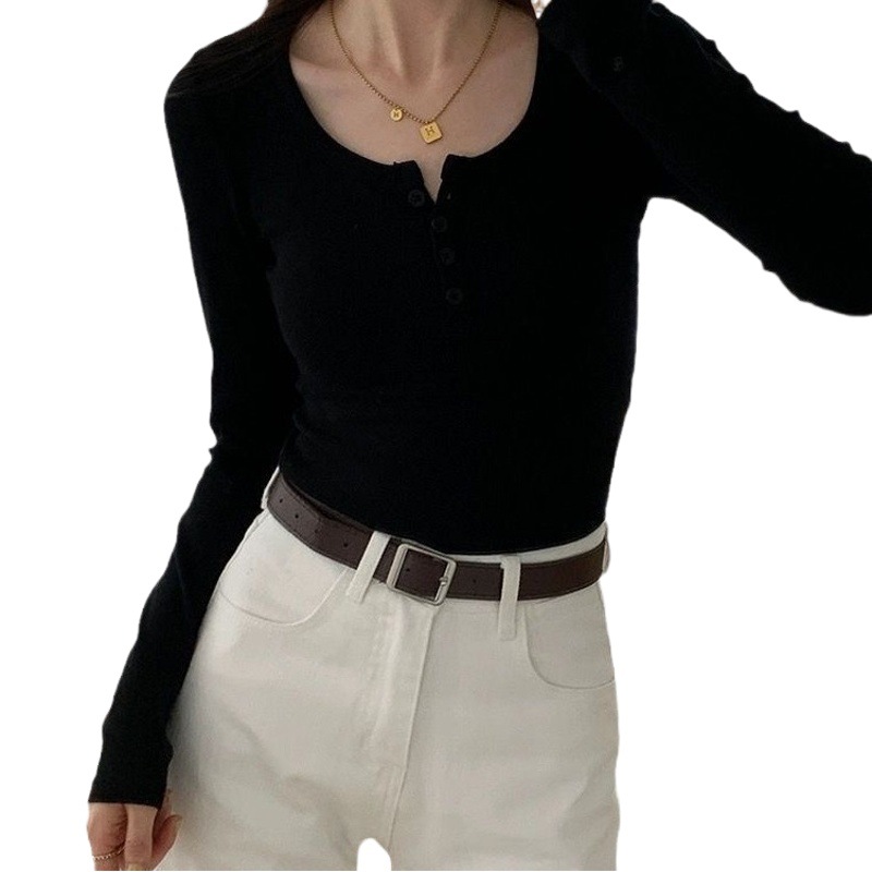 Threaded Solid Color U-neck T-shirt Women's Long Sleeve Autumn 2023 New Slim-fit Slimming Clavicle Sexy Bottoming Top