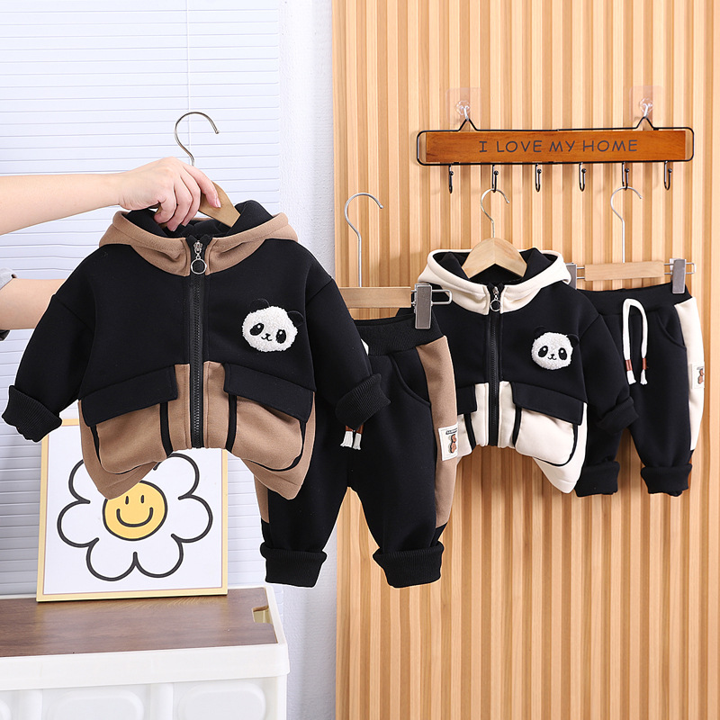 Yikids Baby Boy Winter Clothing Children's Winter Children's Suit Casual Panda Hooded Velvet Thickeneded Two-Piece Set