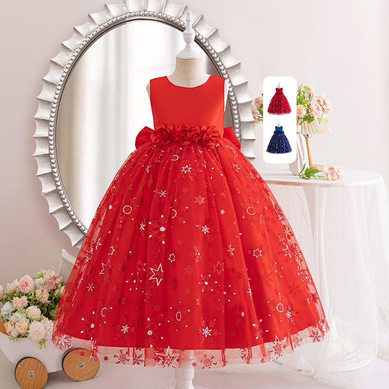Picture of New Girls dress Stars Printed Sleeveless Princess Dress Flower Mesh Wedding Little Bridesmaid Children's Dress