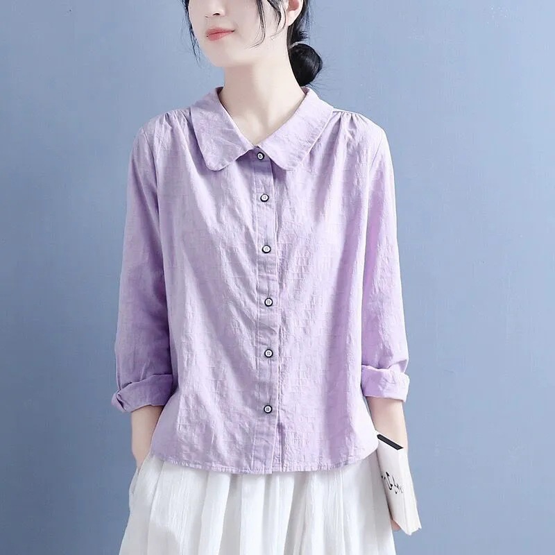 Artistic retro solid color long-sleeved shirt for women 2024 new spring and autumn thin loose slimming unique chic top
