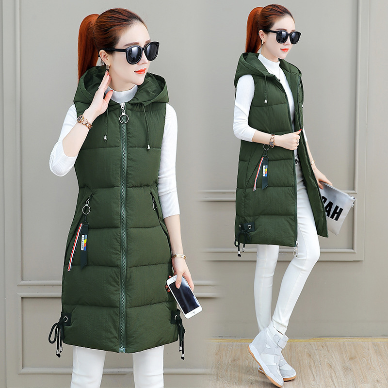 Cross-border Foreign Trade Cotton Vest Women's Mid-length Autumn and Winter New Korean Fashion Hooded Slim-fit plus size Cotton Vest