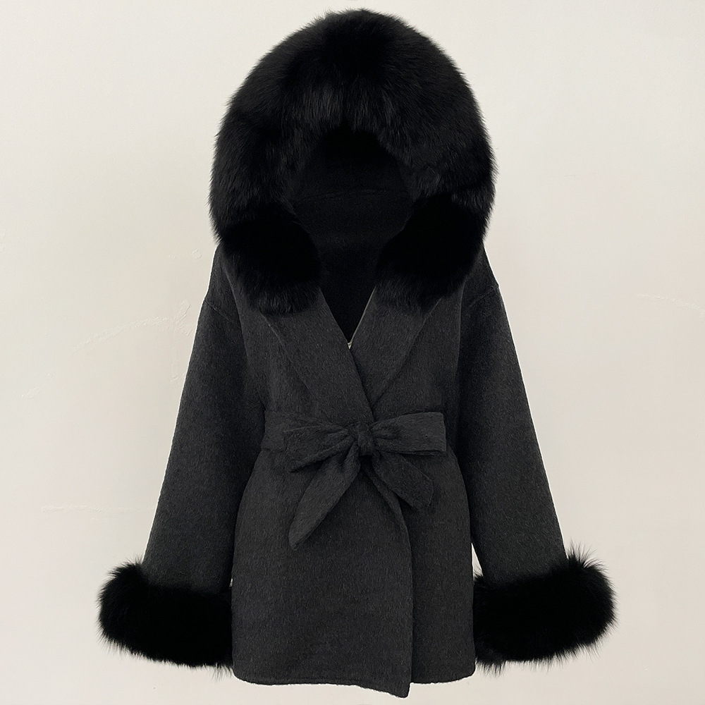 Picture of New Hooded Color-Blocked Fox Fur Collar Autumn and Winter Double-Sided Wool Outwear Women's Cloak Waist Thickeneded Woolen Outwear