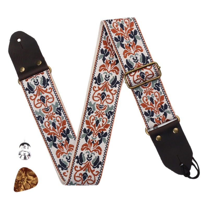 Embroidered Folk Guitar Strap Jacquard Double Layer Acoustic Guitar Electric Guitar Bass Colorful Shoulder Strap Accessories with Tail Studs