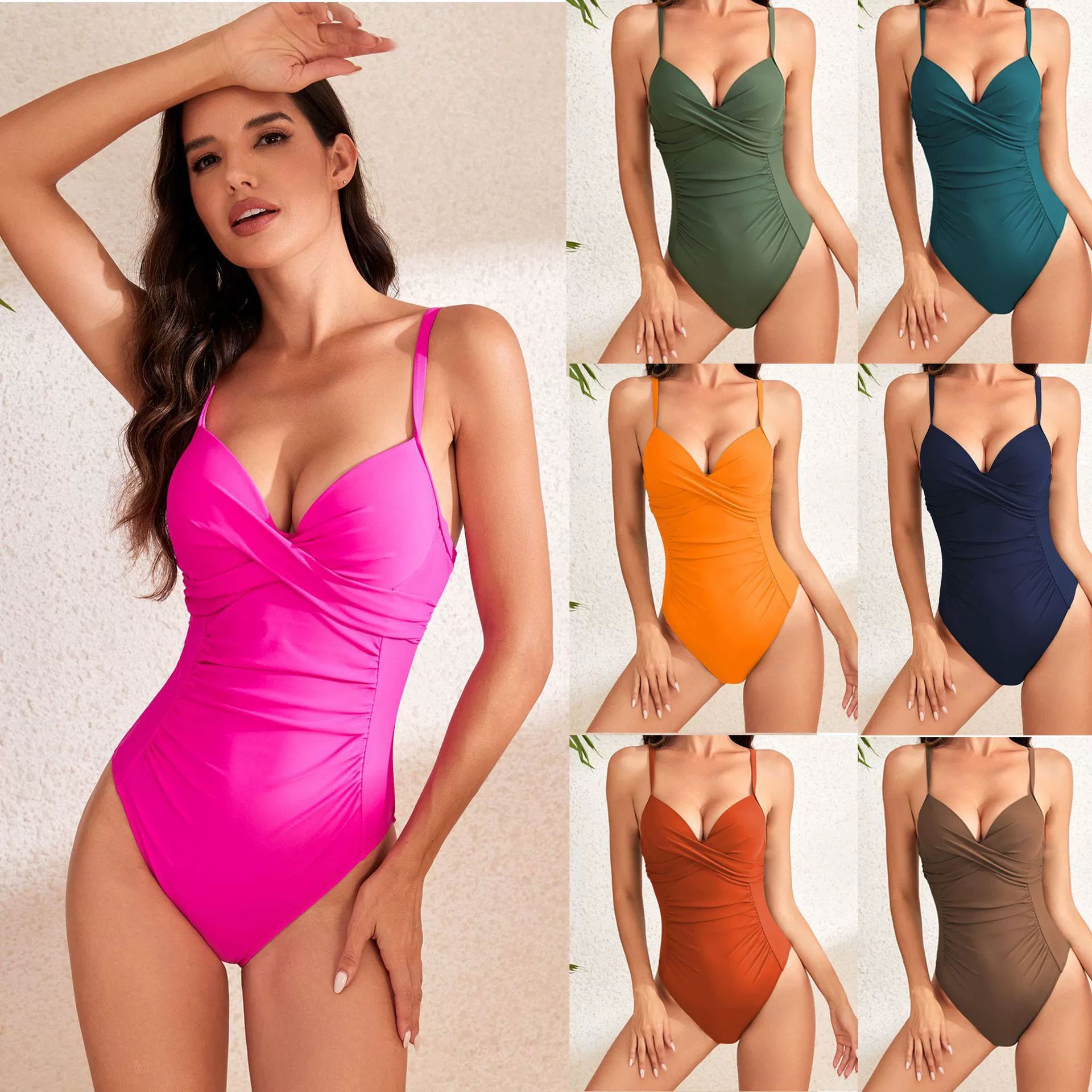 2025 New Amazon One-Piece Bikini Swimsuit High Waist Pleated Solid Color Hard Bag Foreign Trade Cross-Border Hot Spring Swimsuit