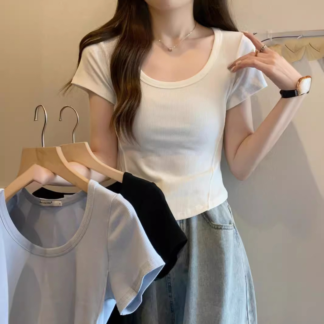 Picture of Irregular U-neck Short-sleeved T-shirt Women's 2025 Summer New Korean Style Slim-fit High Waist Short Student Solid Color Trendy Top