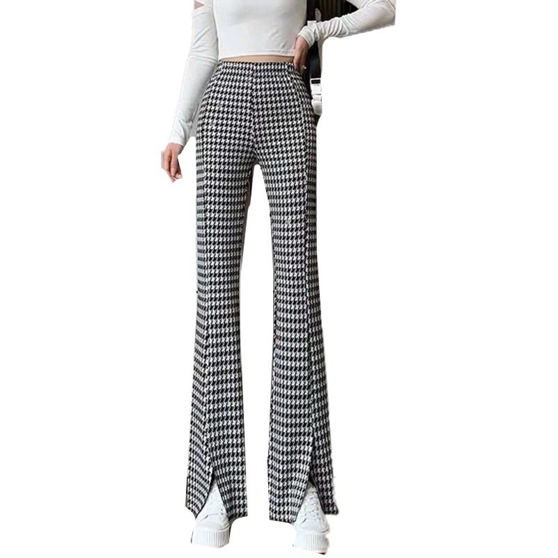 Split wide-leg pants women's summer 2023 new high waist draping small casual plaid straight pants flared pants