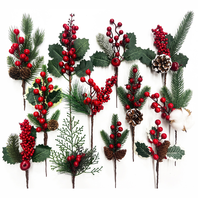 Picture of Cross-Border Christmas Simulation Pine Cone Branches Snowflake Pine Needles Berry Red Fruit Branches Holiday Decoration Cuttings Christmas Pine Needle Bouquet
