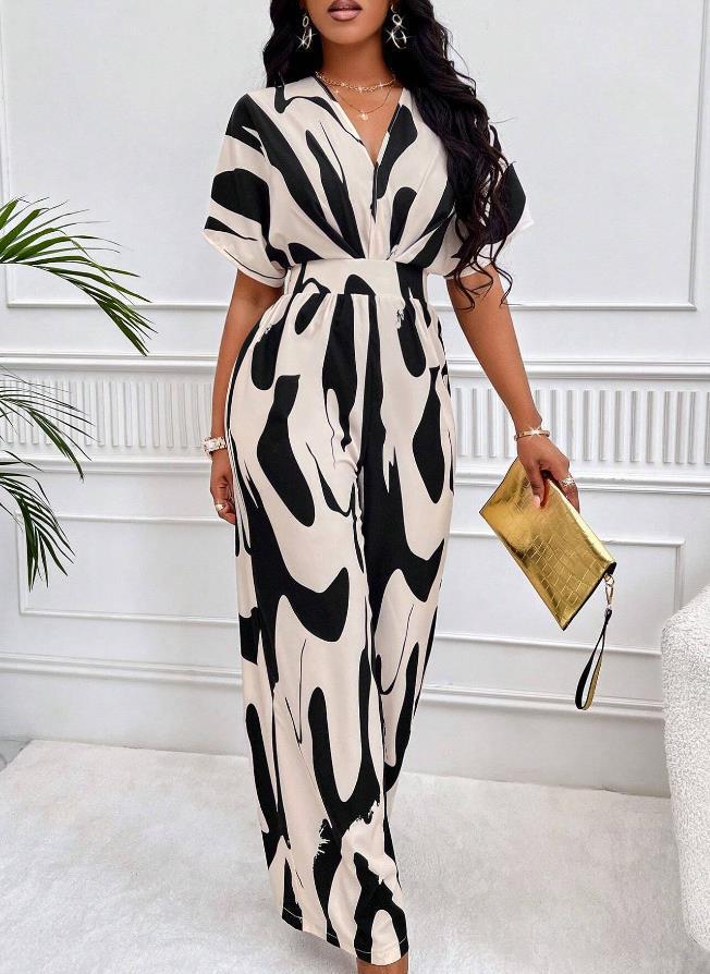 Picture of Cross-border 2024 Amazon AliExpress Europe and the United States spring and summer new short sleeve printed waist jumpsuit fashion wide leg women