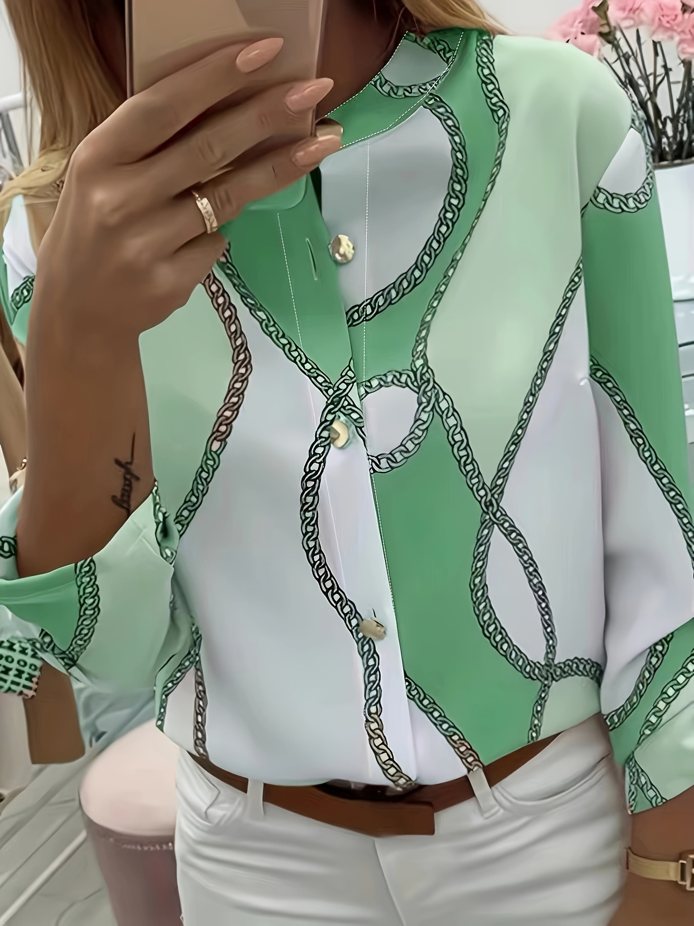 Picture of 2019 European and American wish Amazon autumn and winter chain Printed Lapel long sleeve shirt women's spot