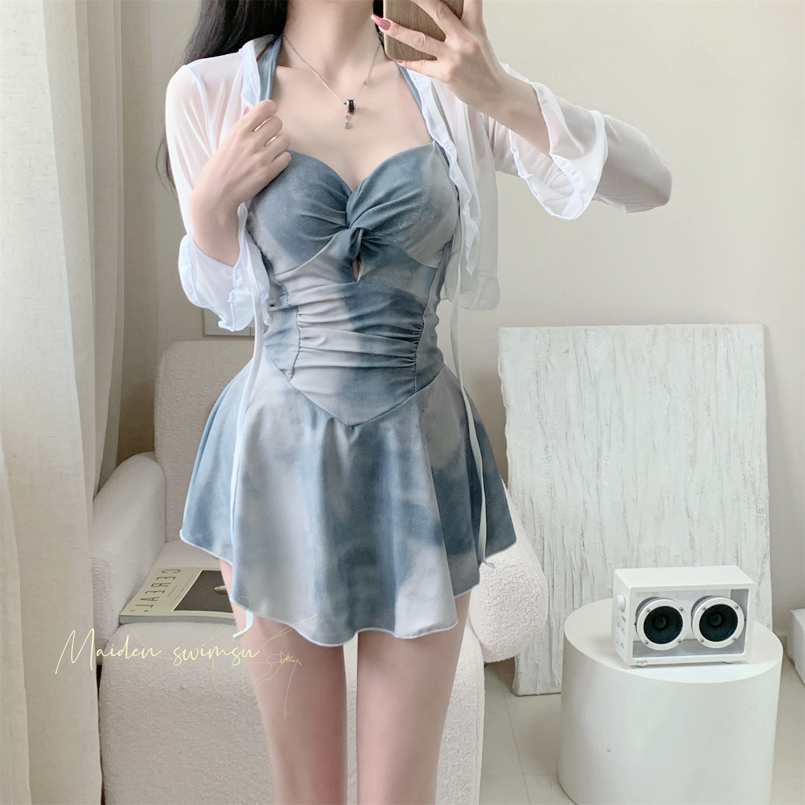 Women's Tie-dyed Blue Belly-Covering Slimming 2025 New Style Hot Girl Style Fashionable Sexual Skirt Style Hot Spring Swimsuit