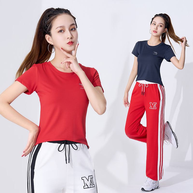 Ting Zi Square Dance Costume New Sports Quick-drying Ice-grid T-shirt Suit Group Aerobics Performance Costume