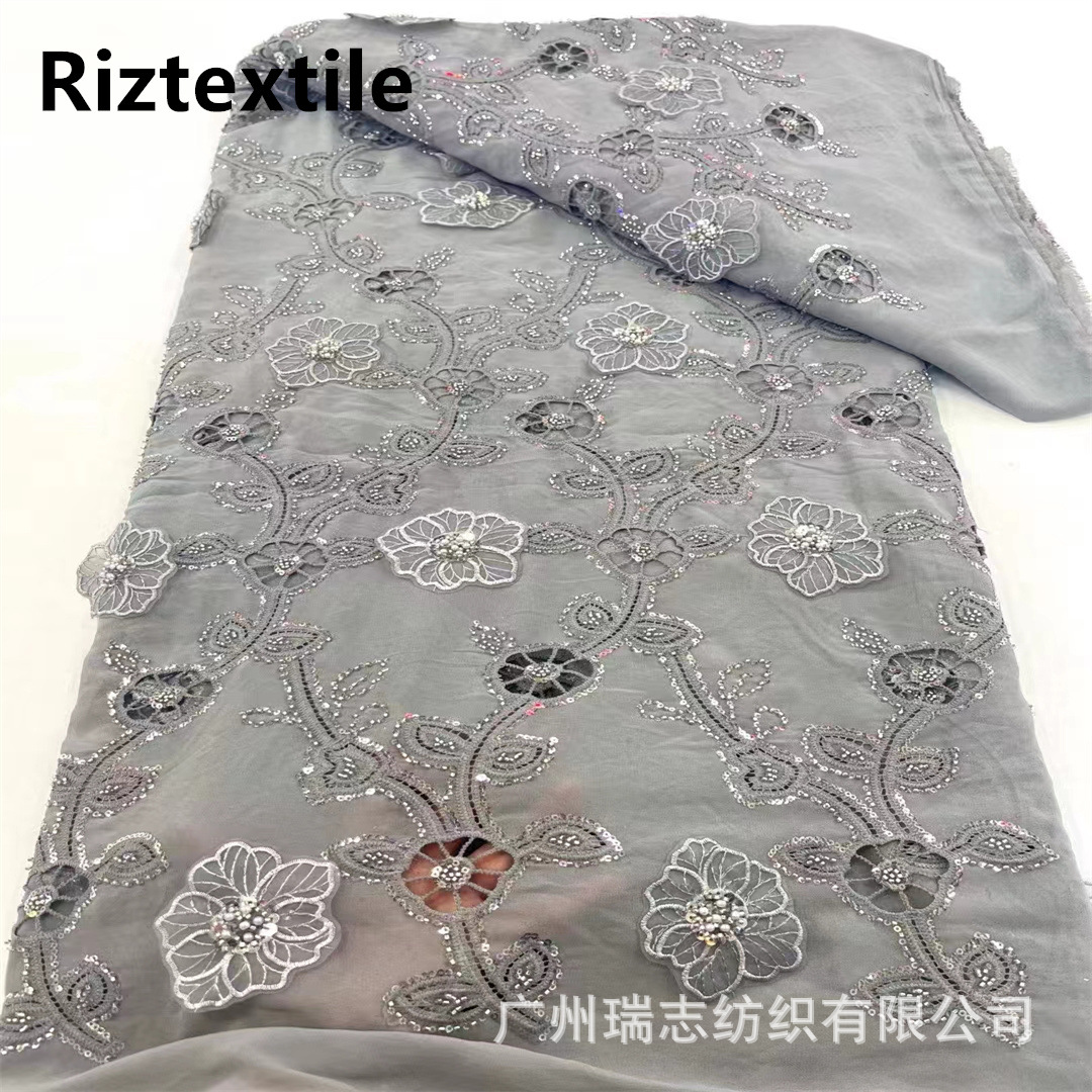 Picture of Wholesale African Cut Out Beaded Lace Fabric Evening Dress Sequin Embroidered Fabric African Sequins Lace
