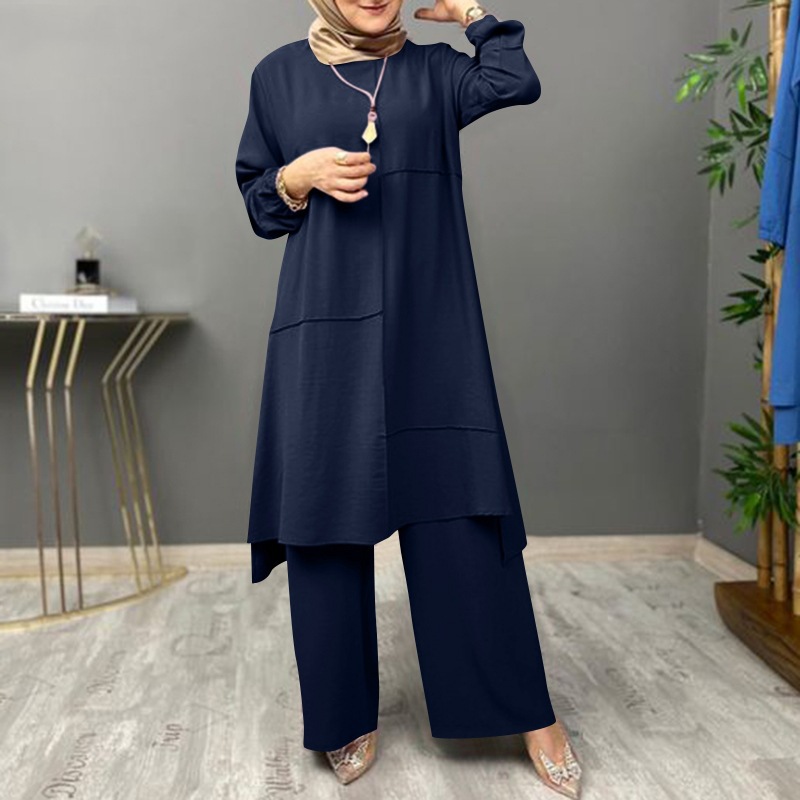 Picture of Muslim Women's Urban Sportswear Two-Piece Elegant Puff Sleeve Shirt Loose Fashionable Wide Leg Pants Suit