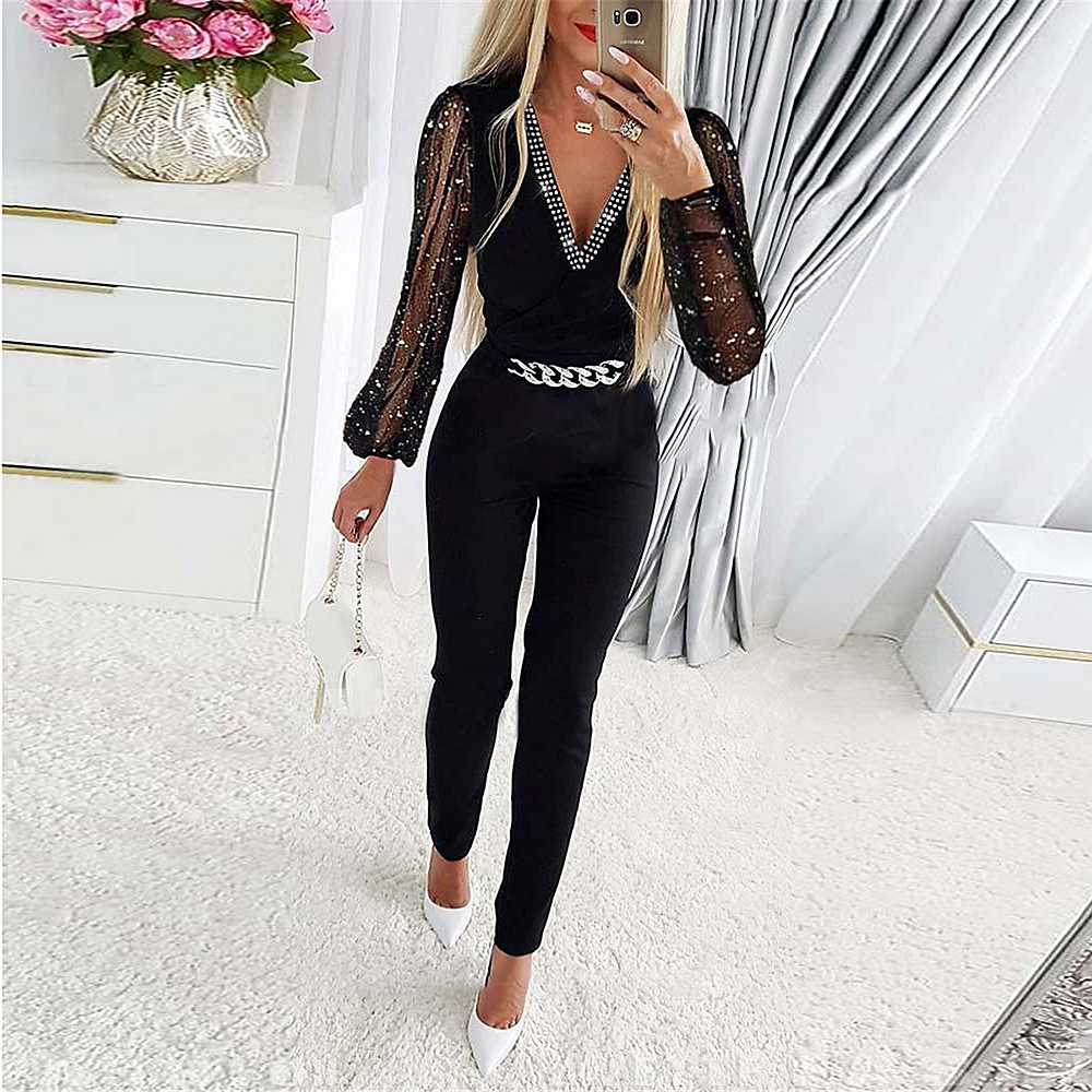 Picture of 2023 Autumn New Amazon European and American women's solid color V-neck long sleeve rhinestone high waist professional casual jumpsuit