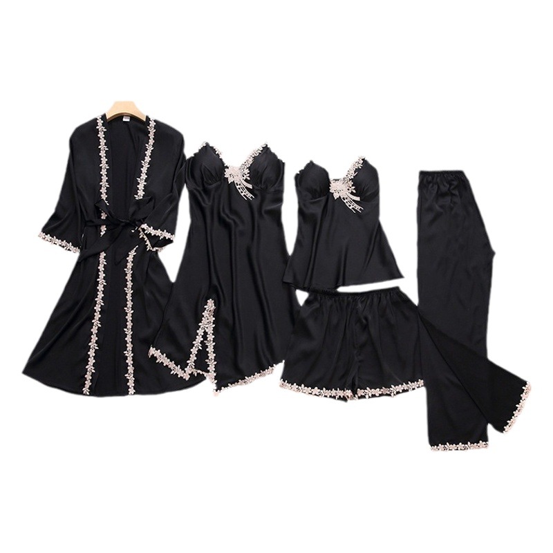 Wholesale New European Black Fashionable and Comfortable Lace Pajamas Set Five-Piece Set That Can Be Worn Outside Korean Style Casual