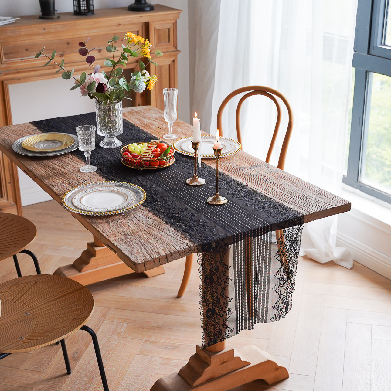 Cross-border wedding decoration white table runner elegant black lace American retro decorative long table towel tablecloth
