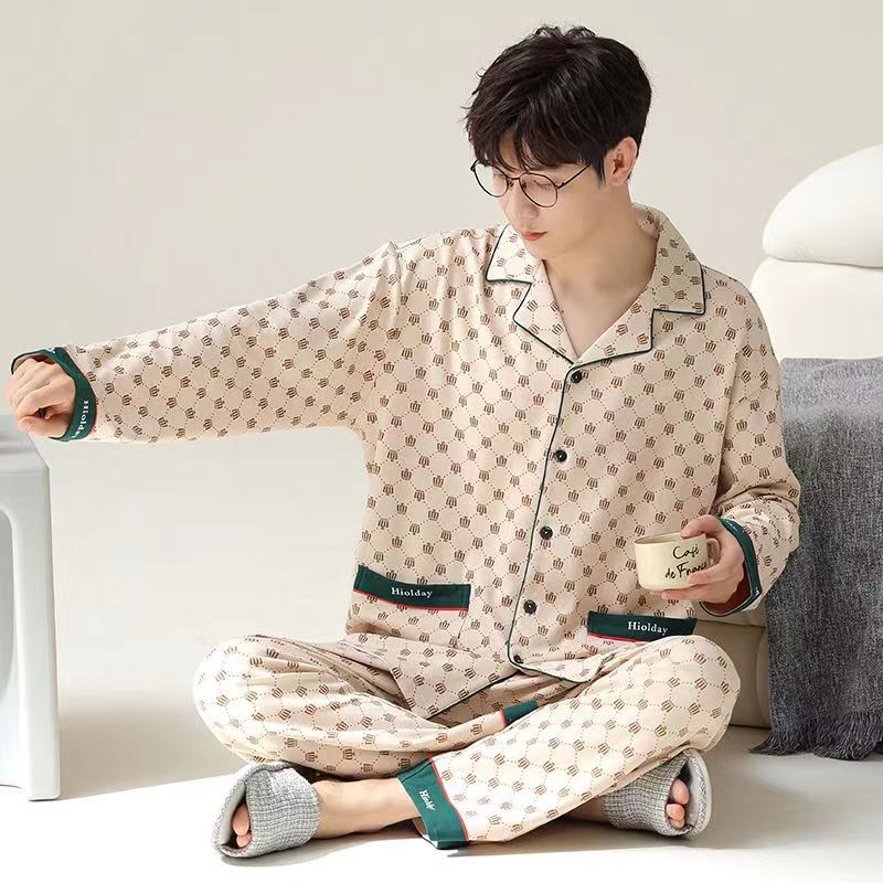 Pajamas Men's Spring and Autumn Cotton Long Sleeve Autumn 2024 New Summer Thin Men's Casual Autumn Home Wear