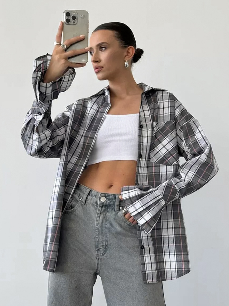 2025 Autum Cross-Border Design Plaid Shirt Women's Oversize Casual Cotton Shirt Loose Top Women's Clothing