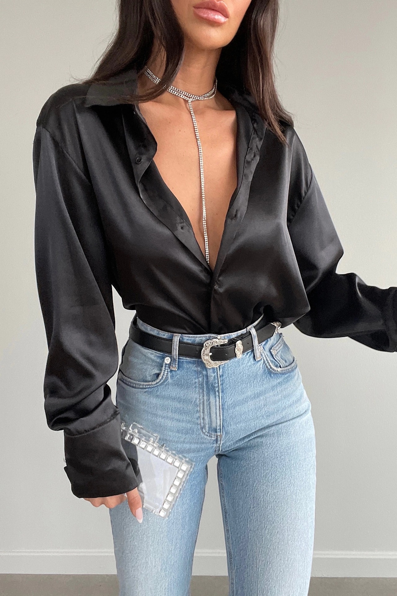 Picture of Independent station European and American cross-border lapel long sleeve button temperament slimming satin shirt women Wholesale