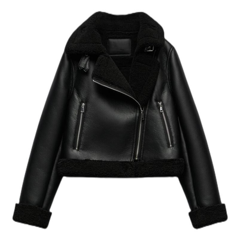 Picture of Cross-Border Aliexpress Popular Women's Clothing Zr Spot Black Warm Fur One-Piece Double-Sided Pu Imitation Leather Jacket for Women