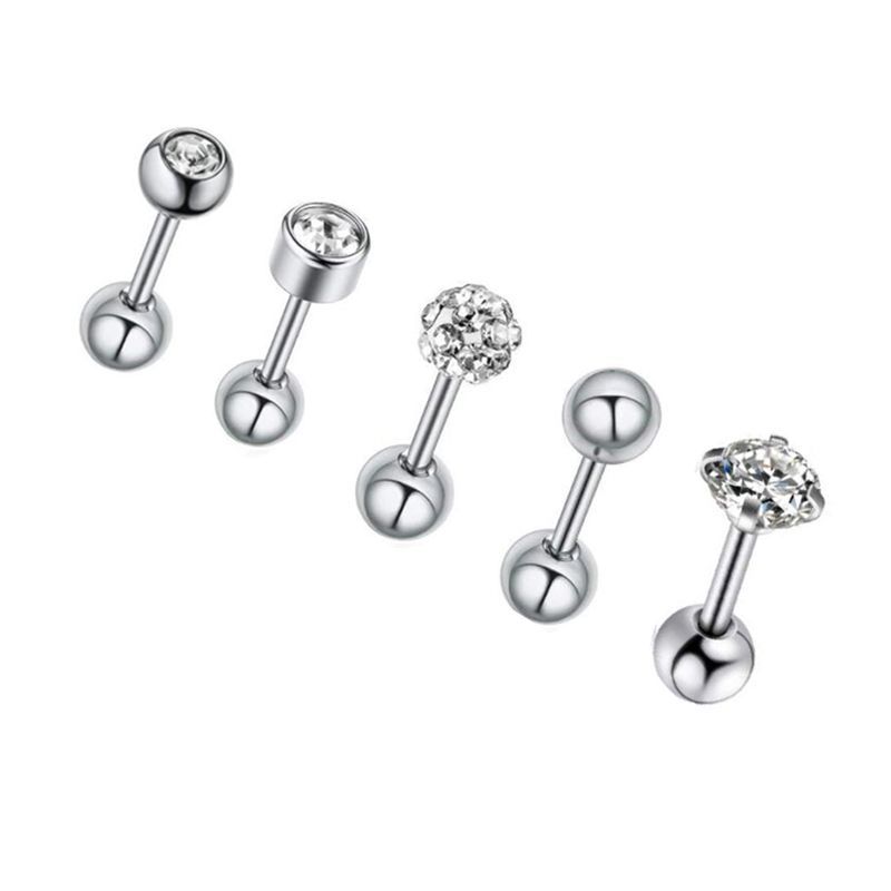 Picture of 5-Piece Set of Amazon Geometric Stainless Steel Zircon Earrings Cross-Border European and American Piercing Jewelry Silver Twisted Tooth Earrings
