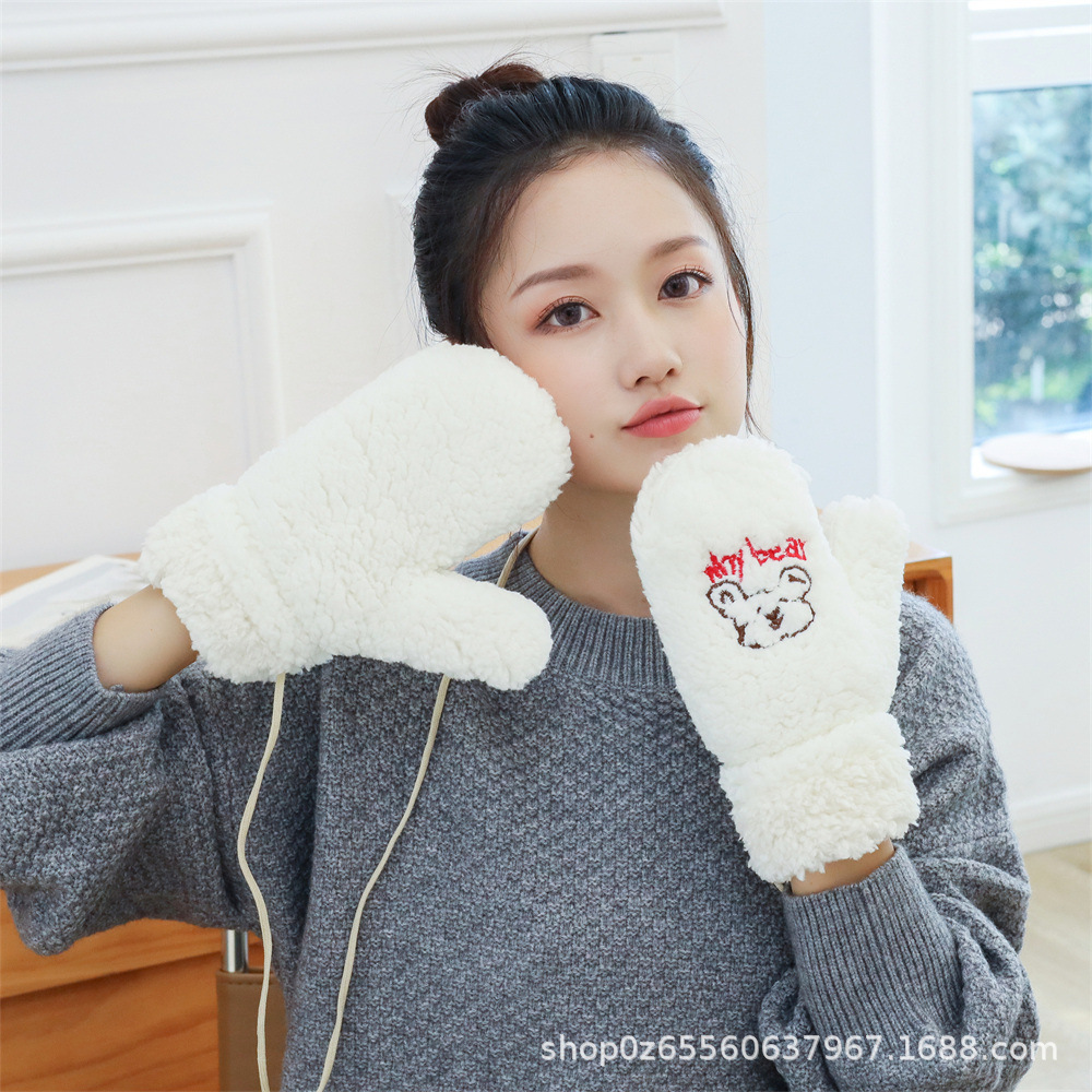 Picture of Cute Cartoon Bear Lamb Fleece Neck Riding Gloves Women's Autumn and Winter Cyber Celebrity Thickened Warm Cycling Cold-proof Fingers