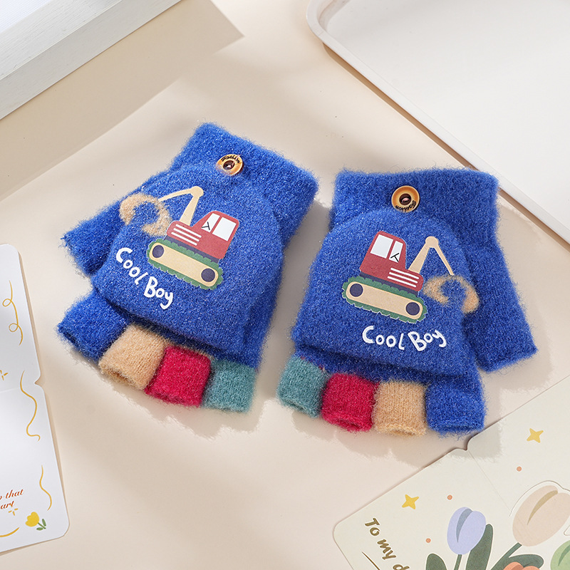Picture of Children's flip gloves autumn and winter boys half finger warm cute Primary School students writing knitted dual-purpose gloves wholesale