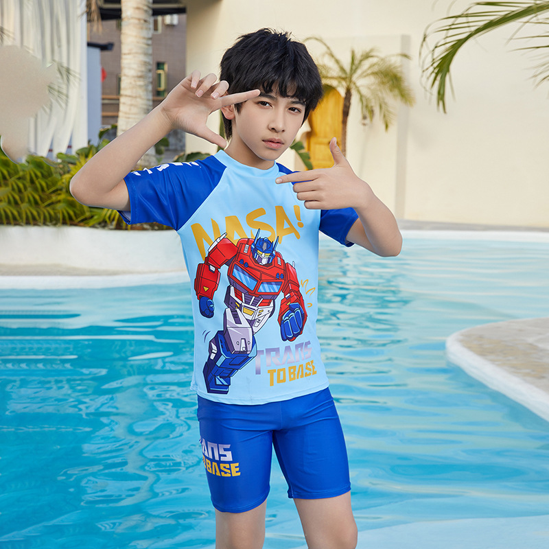25 New Student Boys' Swimsuit Optimus Prime Split Short Sleeve Swim Trunks with Swim Cap suit Junior