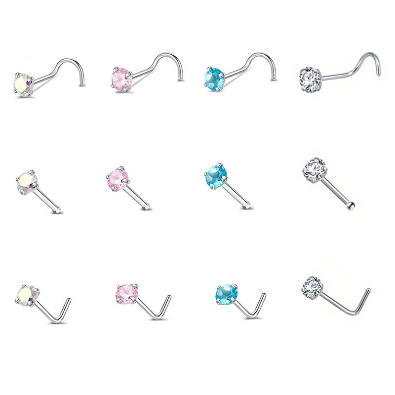 Zircon 3mm Nose Nail 5-shaped S-bar L-bar Straight-bar Color Simple Cute European and American Inlaid Piercing Jewelry for Men and Women