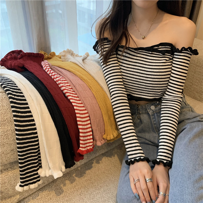 Early Autumn One-Shoulder Solid Color Stripesd Fungus Lace Discreet Off-Shoulder Knitted Top Mother's Knitted Style