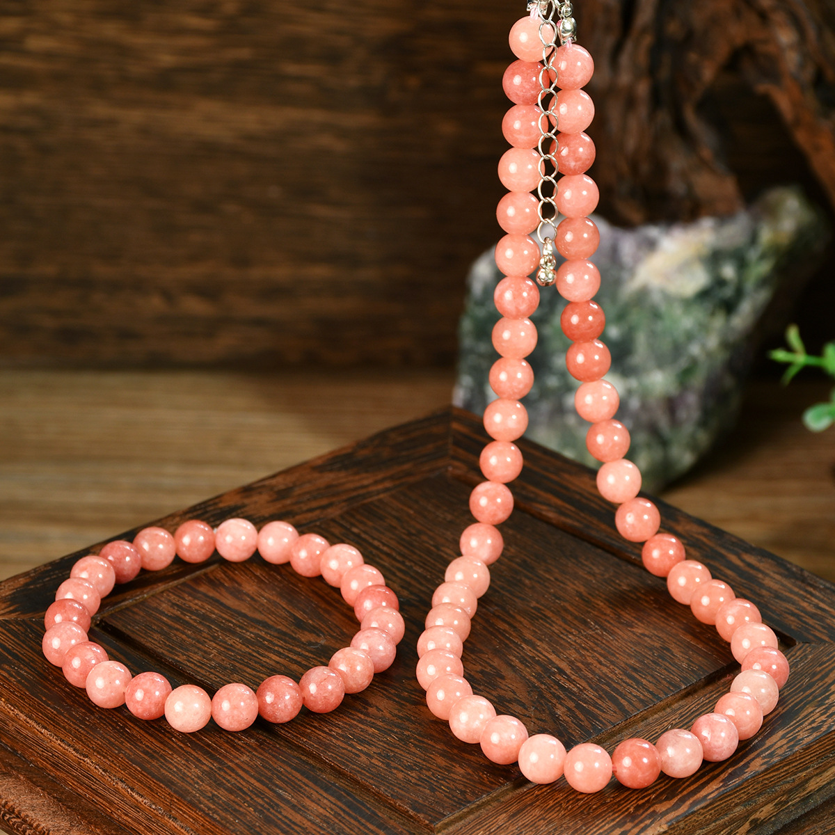 Retro Elegant 8mm Pink Sunstone Bracelet Necklace Set Ladies Natural Stone Jewelry Gift Cross-Border Jewelry