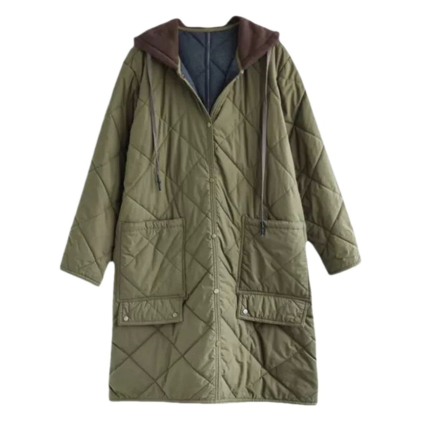 2024 Autumn and Winter New Mid-length All-match Cotton-padded Jacket Fashionable Simple Rhombic Plaid Thickened Hat Stitching Cotton-padded Jacket for Women