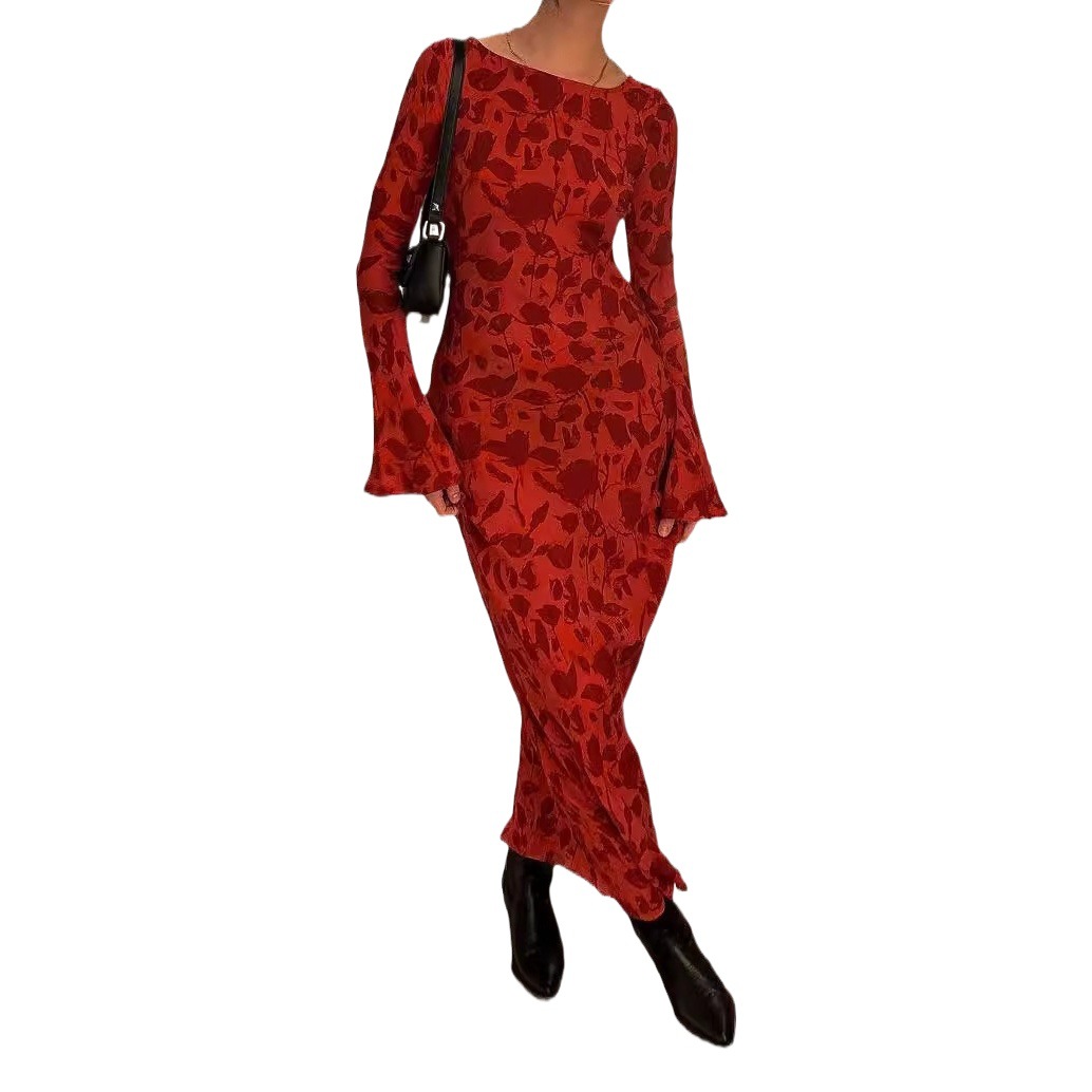 European and American Cross-border Fashion Printed Long-sleeved Dress for Women 2024 Spring and Summer New Bohemian Vacation Long Dress for Women