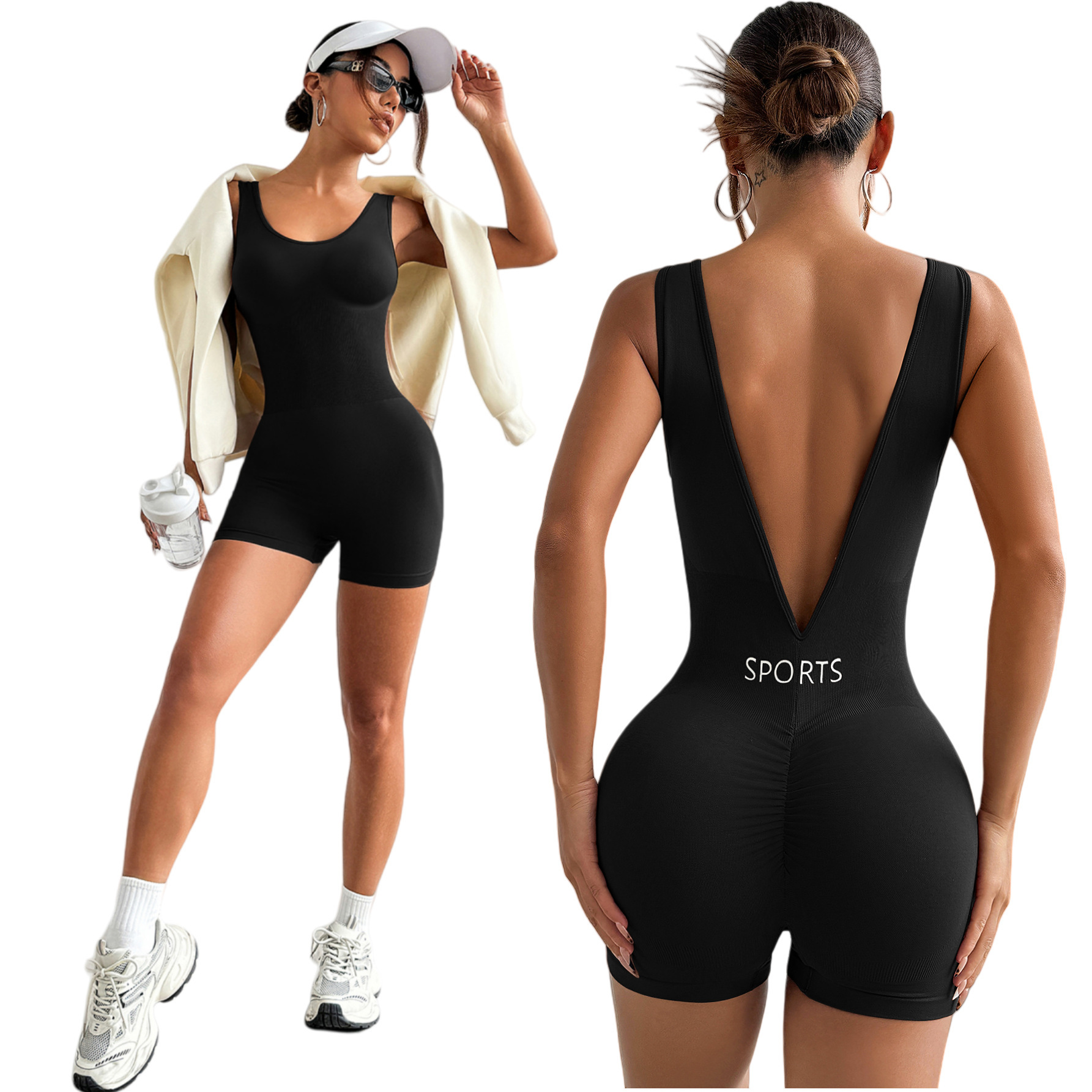 Cross-Border Spot European and American Deep V-Waist Yoga Jumpsuit Body-Shaping Fitness Clothing Tight-Fitting Short All-In-One Sportswear for Women